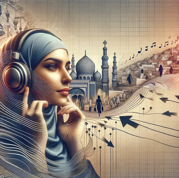 Illustration of a woman in headphones, with sound waves and arrows flowing past a city skyline